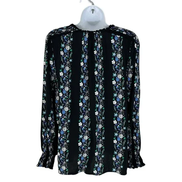 Talbots Women's Size M Dark Floral Striped Smocked Black Blouse - Picture 4 of 9